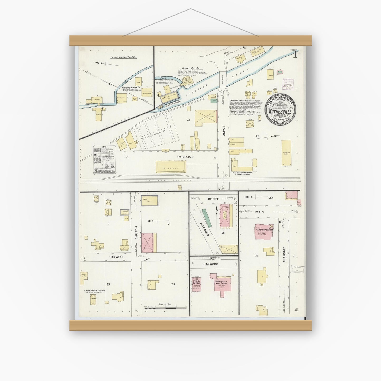 Old map wall art mockup — magnetic wood frame on white wall — Sanborn Fire Insurance Map from Waynesville, Haywood County, North Carolina (1908), Sheet #0001