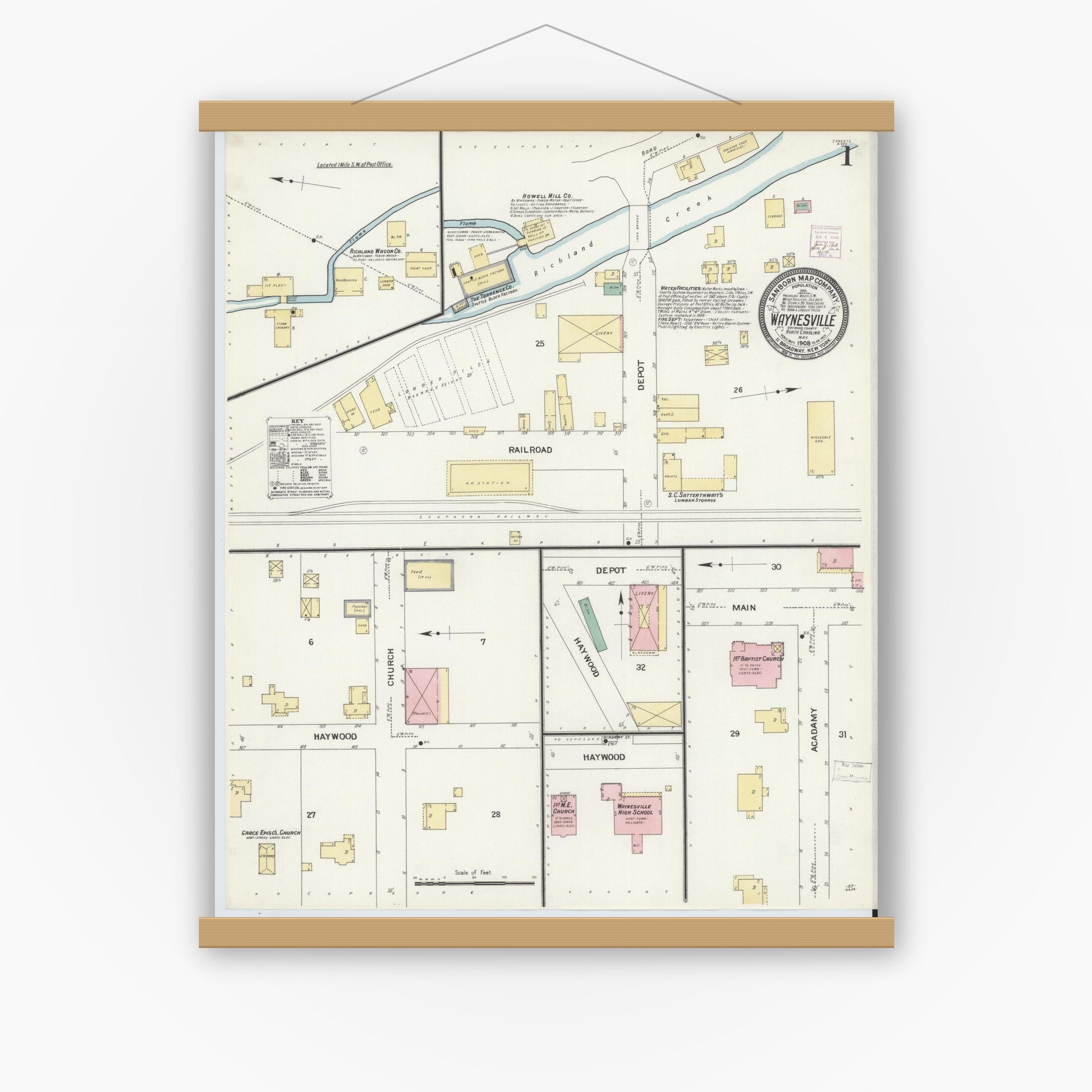 Old map wall art mockup — magnetic wood frame on white wall — Sanborn Fire Insurance Map from Waynesville, Haywood County, North Carolina (1908), Sheet #0001