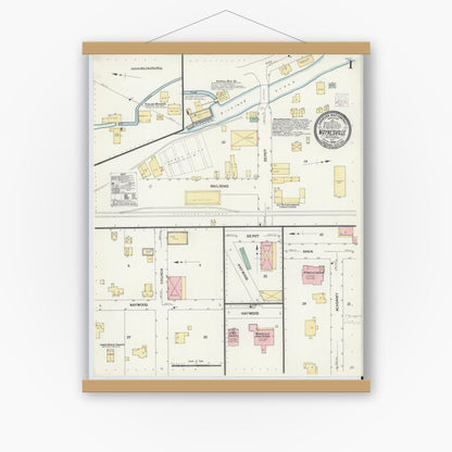 Old map wall art mockup — magnetic wood frame on white wall — Sanborn Fire Insurance Map from Waynesville, Haywood County, North Carolina (1908), Sheet #0001