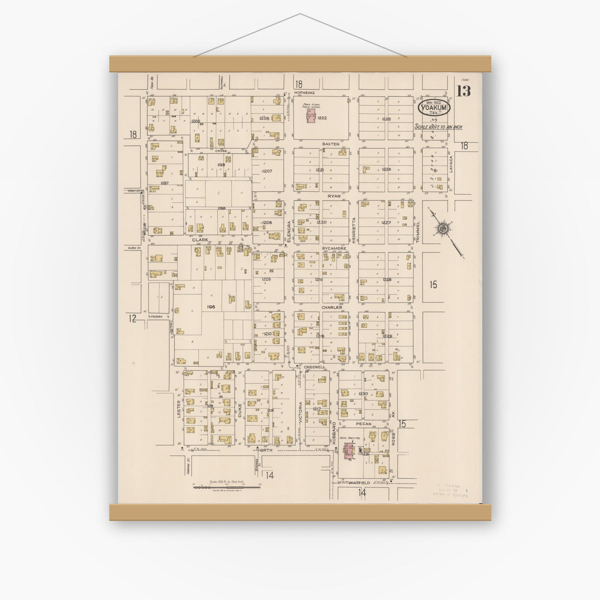 Old map wall art mockup — magnetic wood frame on white wall — Sanborn Fire Insurance Map from Yoakum, De Witt And Lavaca Counties, Texas (1922), Sheet #0013