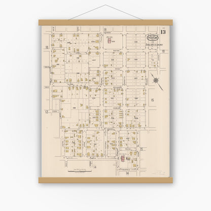 Old map wall art mockup — magnetic wood frame on white wall — Sanborn Fire Insurance Map from Yoakum, De Witt And Lavaca Counties, Texas (1922), Sheet #0013