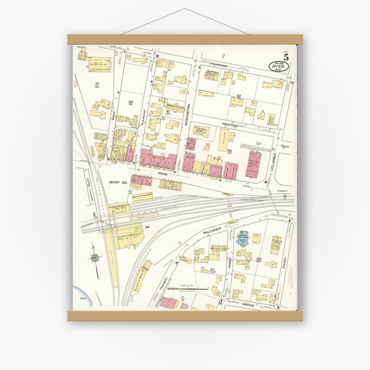 Old map wall art mockup — magnetic wood frame on white wall — Sanborn Fire Insurance Map from Ayer, Middlesex County, Massachusetts (1921), Sheet #0005