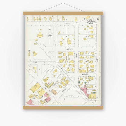 Old map wall art mockup — magnetic wood frame on white wall — Sanborn Fire Insurance Map from Beaumont, Jefferson County, Texas (1902), Sheet #0003