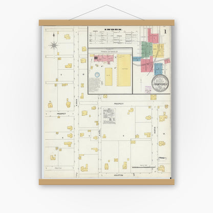 Old map wall art mockup — magnetic wood frame on white wall — Sanborn Fire Insurance Map from Farmersville, Collin County, Texas (1902), Sheet #0001