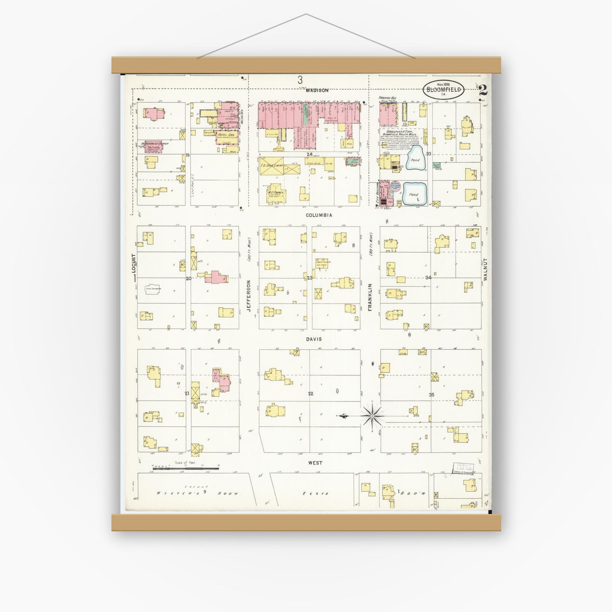 Old map wall art mockup — magnetic wood frame on white wall — Sanborn Fire Insurance Map from Bloomfield, Davis County, Iowa (1898), Sheet #0002
