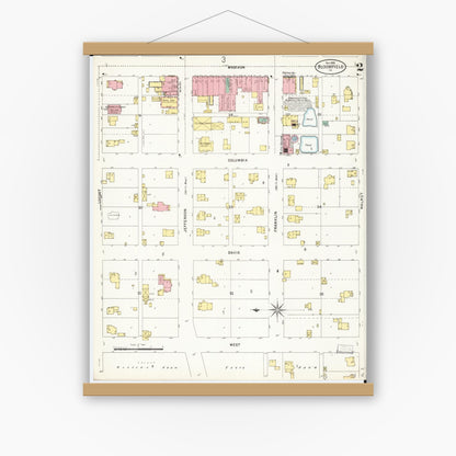 Old map wall art mockup — magnetic wood frame on white wall — Sanborn Fire Insurance Map from Bloomfield, Davis County, Iowa (1898), Sheet #0002