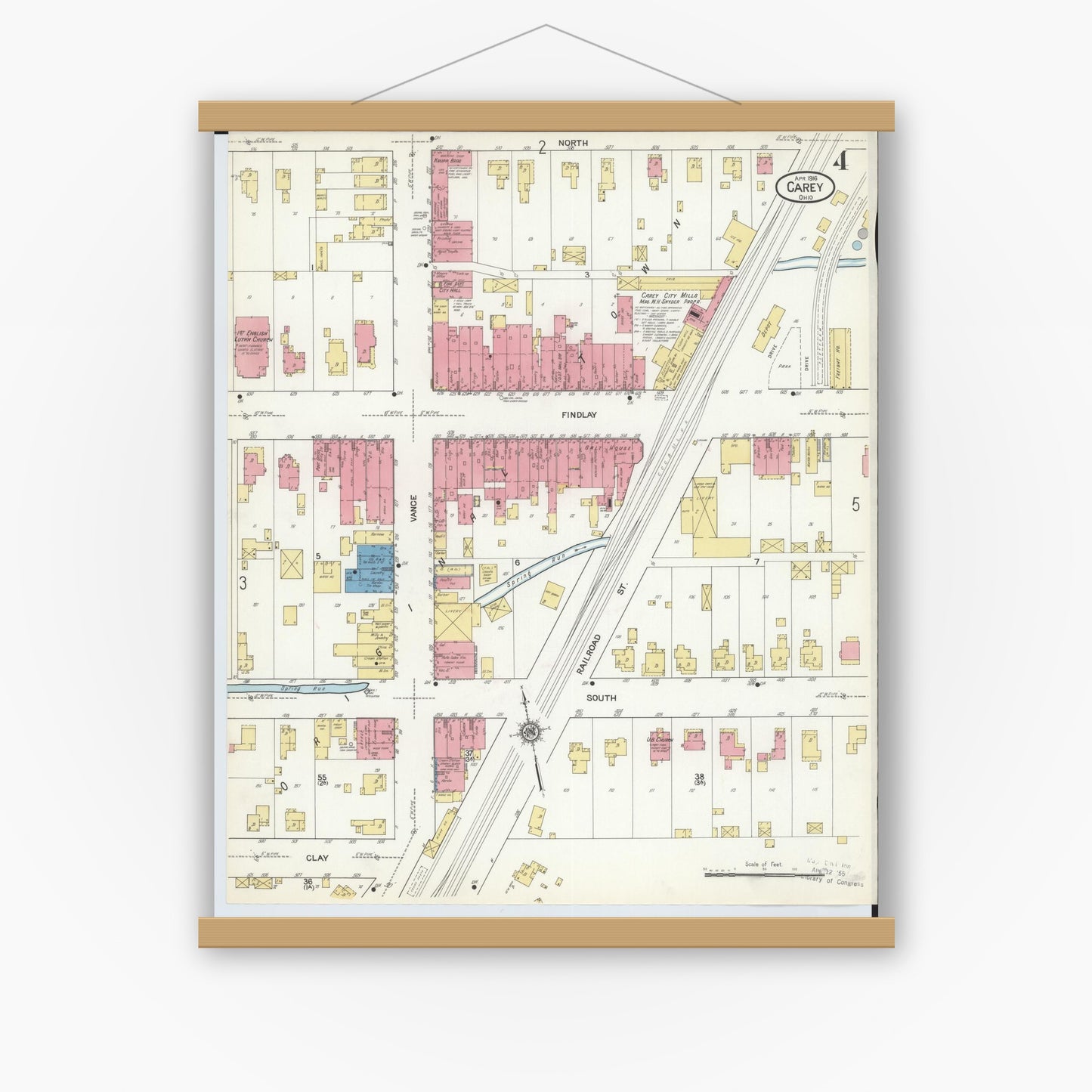 Old map wall art mockup — magnetic wood frame on white wall — Sanborn Fire Insurance Map from Carey, Wyandot County, Ohio (1916), Sheet #0004