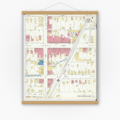 Old map wall art mockup — magnetic wood frame on white wall — Sanborn Fire Insurance Map from Carey, Wyandot County, Ohio (1916), Sheet #0004