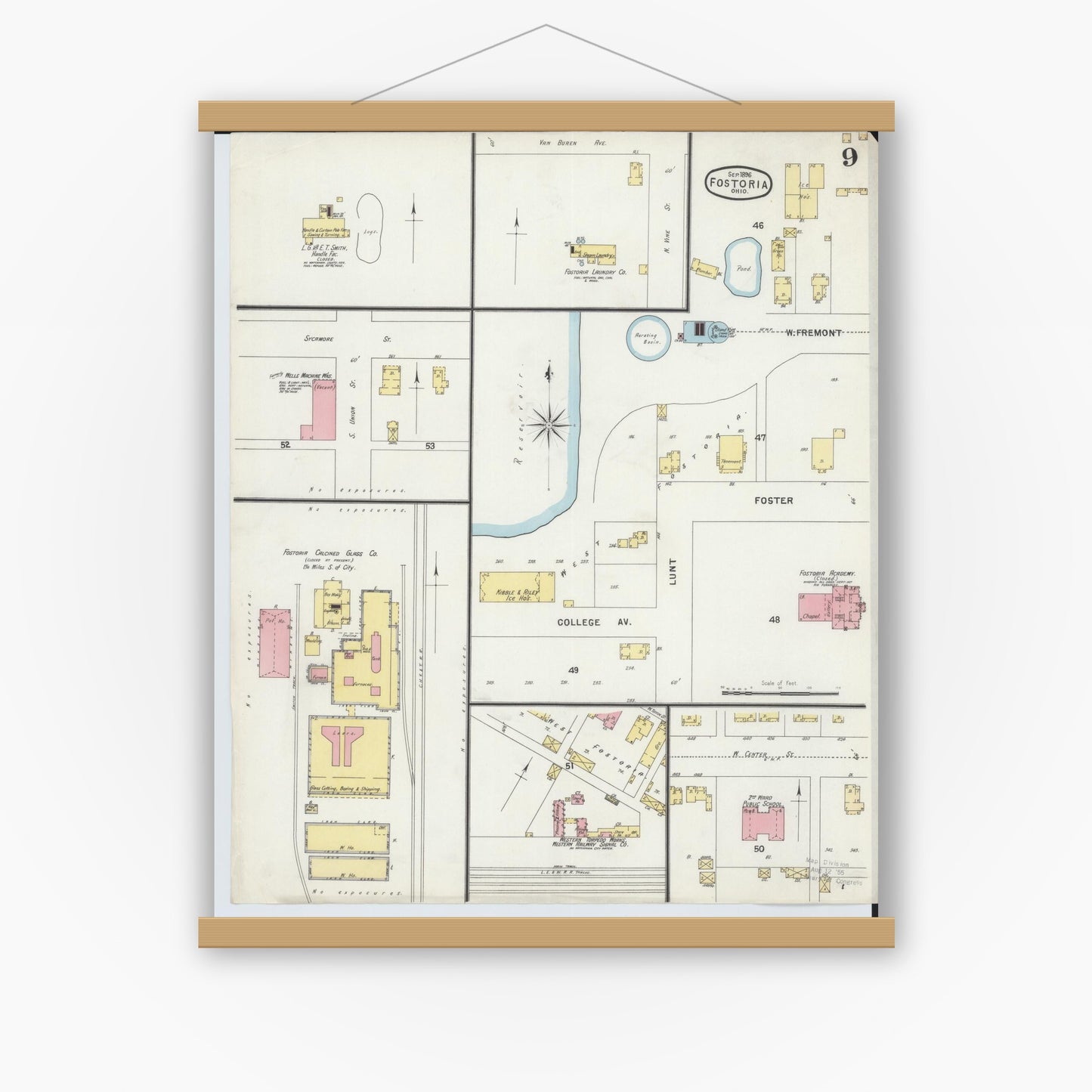 Old map wall art mockup — magnetic wood frame on white wall — Sanborn Fire Insurance Map from Fostoria, Seneca, Hancock, And Wood Counties, Ohio (1896), Sheet #0009