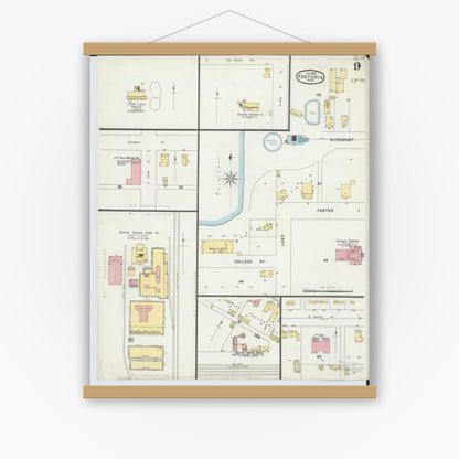 Old map wall art mockup — magnetic wood frame on white wall — Sanborn Fire Insurance Map from Fostoria, Seneca, Hancock, And Wood Counties, Ohio (1896), Sheet #0009