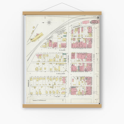 Old map wall art mockup — magnetic wood frame on white wall — Sanborn Fire Insurance Map from Moberly, Randolph County, Missouri (1893), Sheet #0003