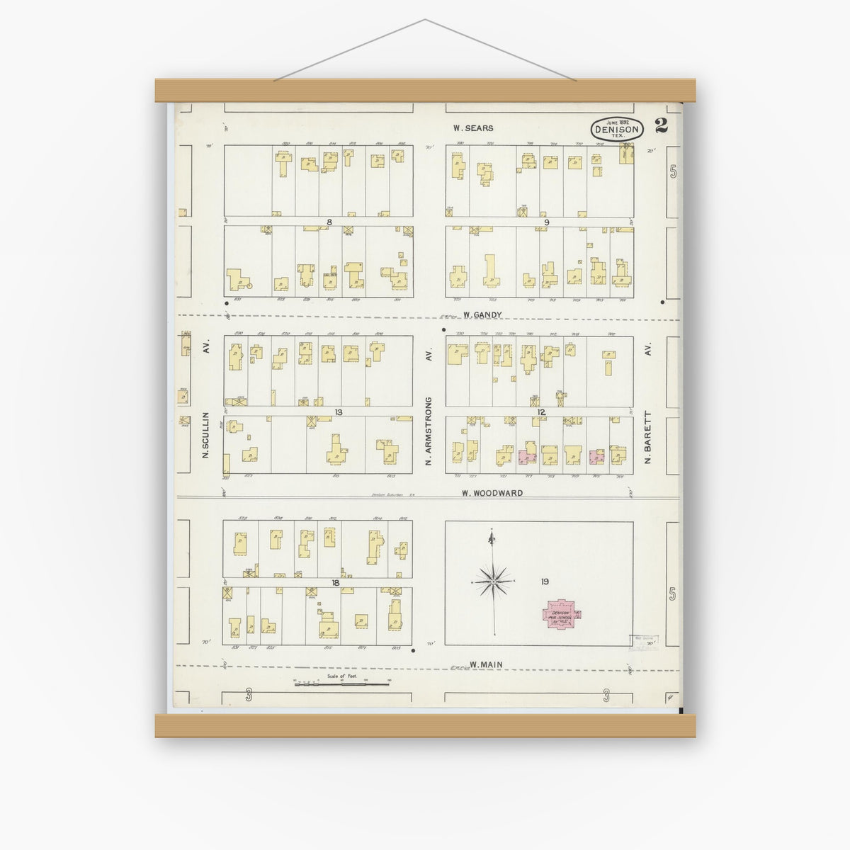Old map wall art mockup — magnetic wood frame on white wall — Sanborn Fire Insurance Map from Denison, Grayson County, Texas (1892), Sheet #0002