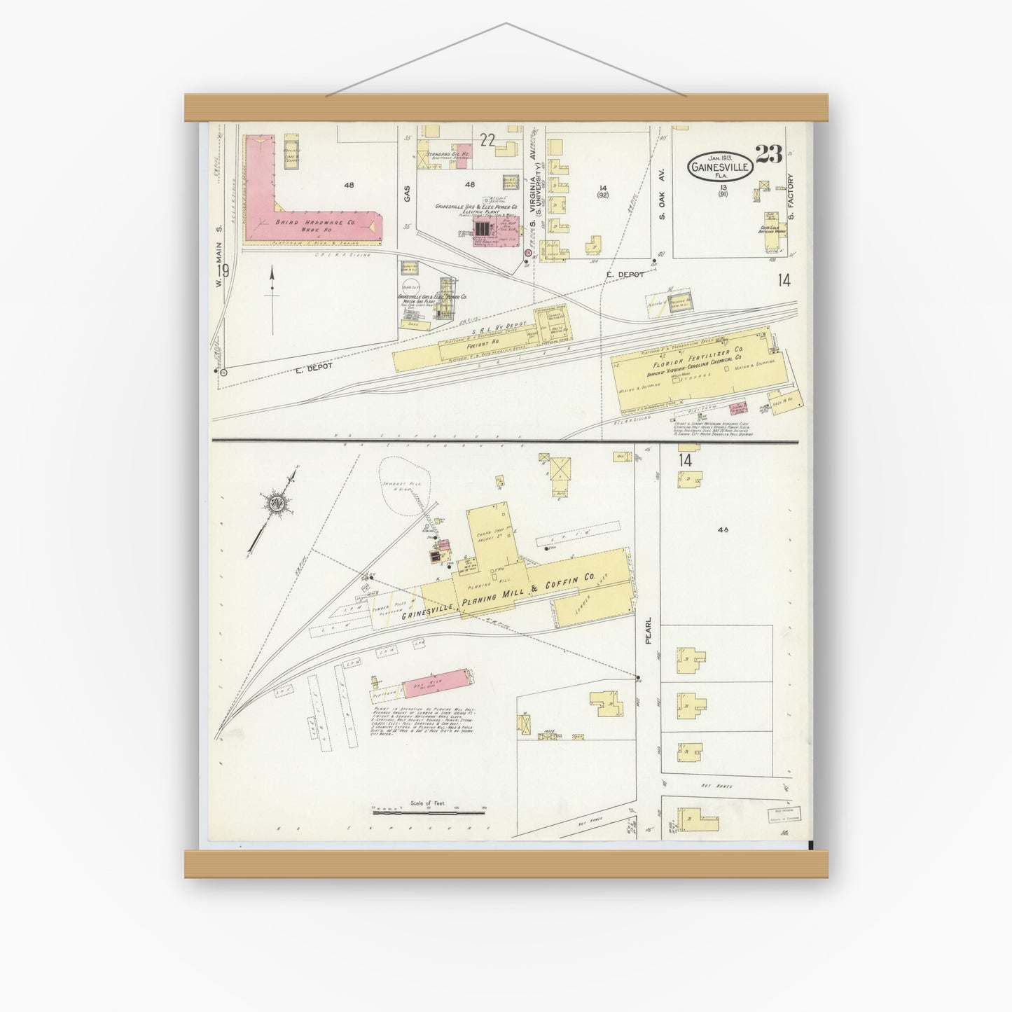 Old map wall art mockup — magnetic wood frame on white wall — Sanborn Fire Insurance Map from Gainesville, Alachua County, Florida (1913), Sheet #0023