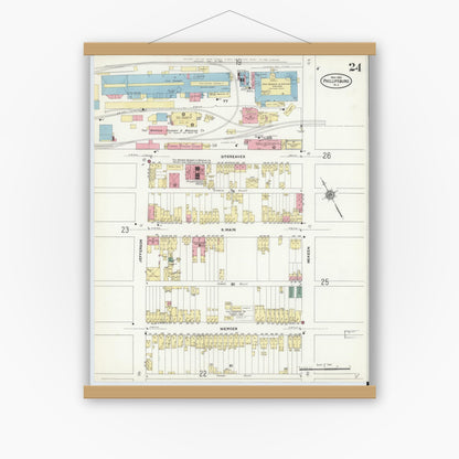 Old map wall art mockup — magnetic wood frame on white wall — Sanborn Fire Insurance Map from Phillipsburg, Warren County, New Jersey (1910), Sheet #0024