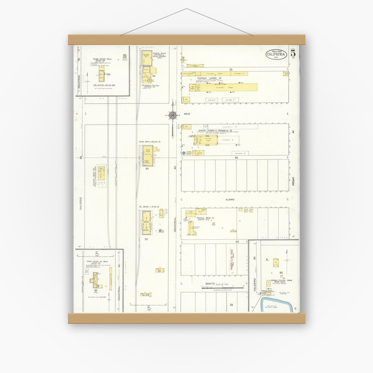 Old map wall art mockup — magnetic wood frame on white wall — Sanborn Fire Insurance Map from Calipatria, Imperial County, California (1922), Sheet #0005