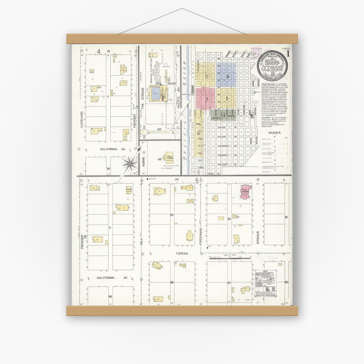 Old map wall art mockup — magnetic wood frame on white wall — Sanborn Fire Insurance Map from Oceanside, San Diego County, California (1907) - Complete Map Set
