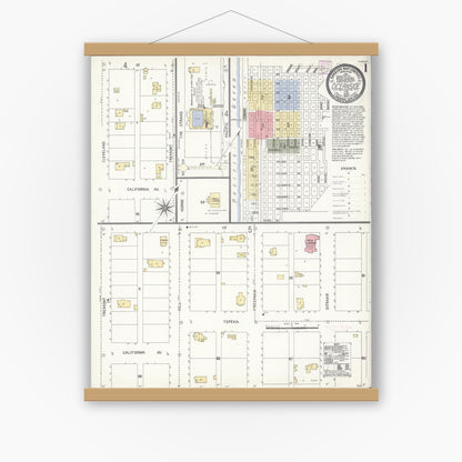 Old map wall art mockup — magnetic wood frame on white wall — Sanborn Fire Insurance Map from Oceanside, San Diego County, California (1907) - Complete Map Set