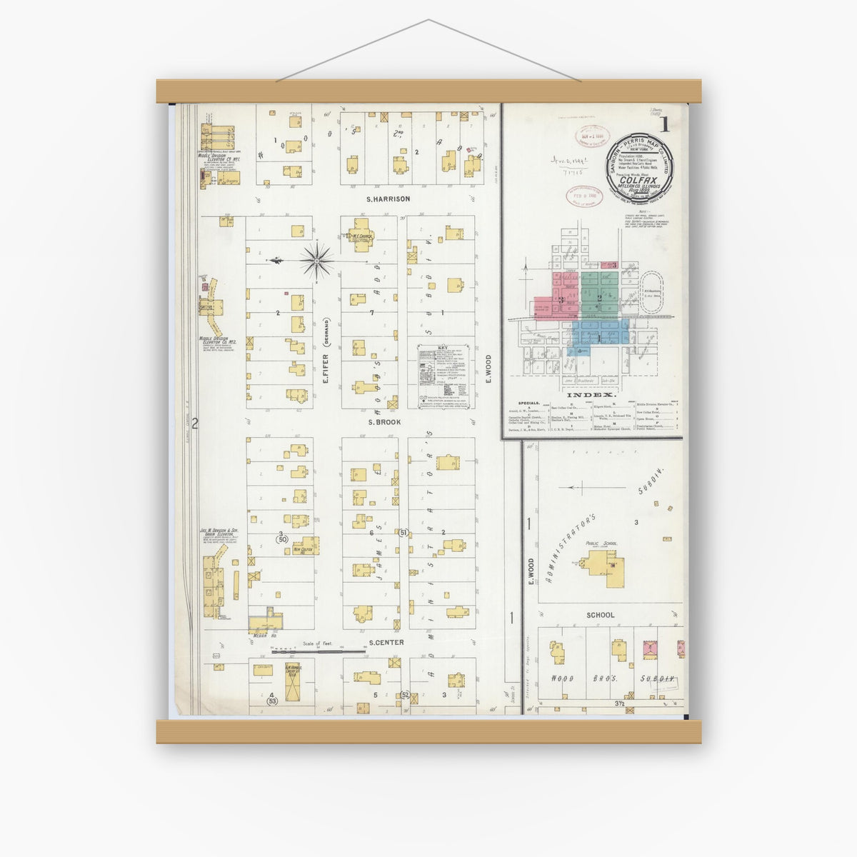 Old map wall art mockup — magnetic wood frame on white wall — Sanborn Fire Insurance Map from Colfax, McLean County, Illinois (1899) - Complete Map Set