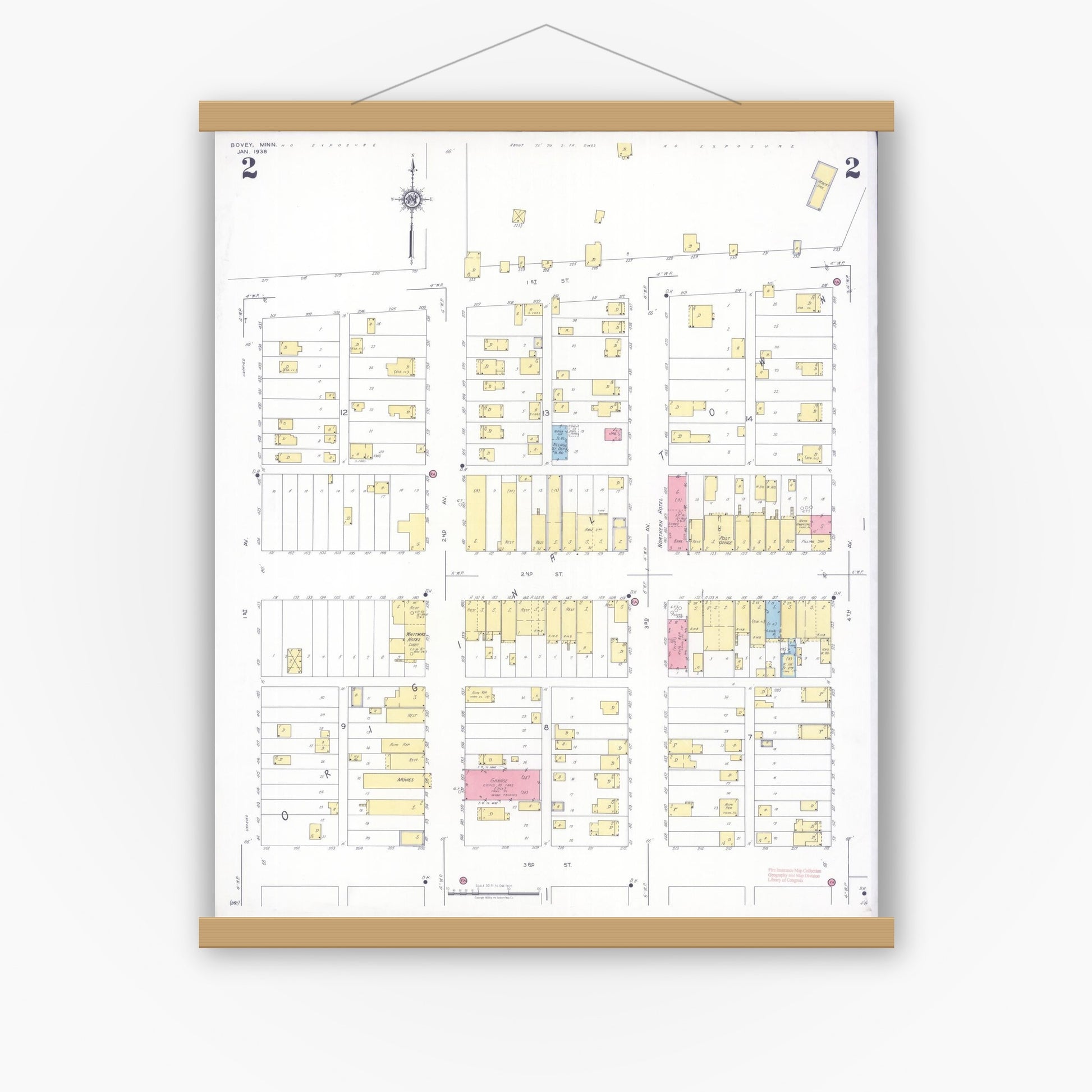 Old map wall art mockup — magnetic wood frame on white wall — Sanborn Fire Insurance Map from Bovey, Itasca County, Minnesota (1938), Sheet #0002