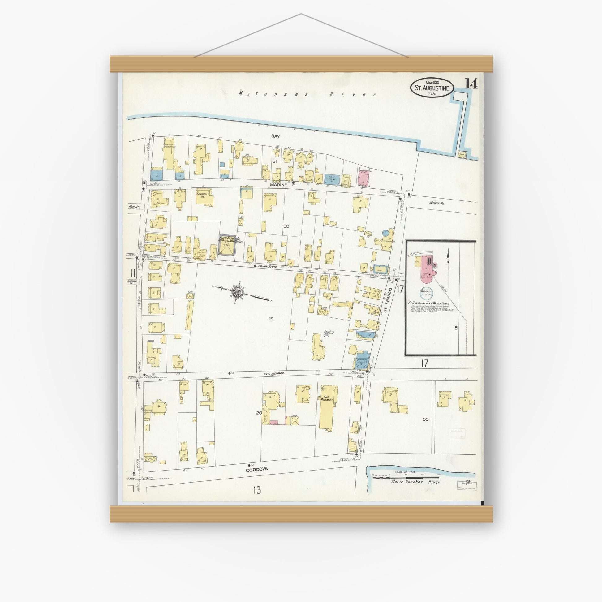 Old map wall art mockup — magnetic wood frame on white wall — Sanborn Fire Insurance Map from Saint Augustine, Saint John's County, Florida (1910), Sheet #0014