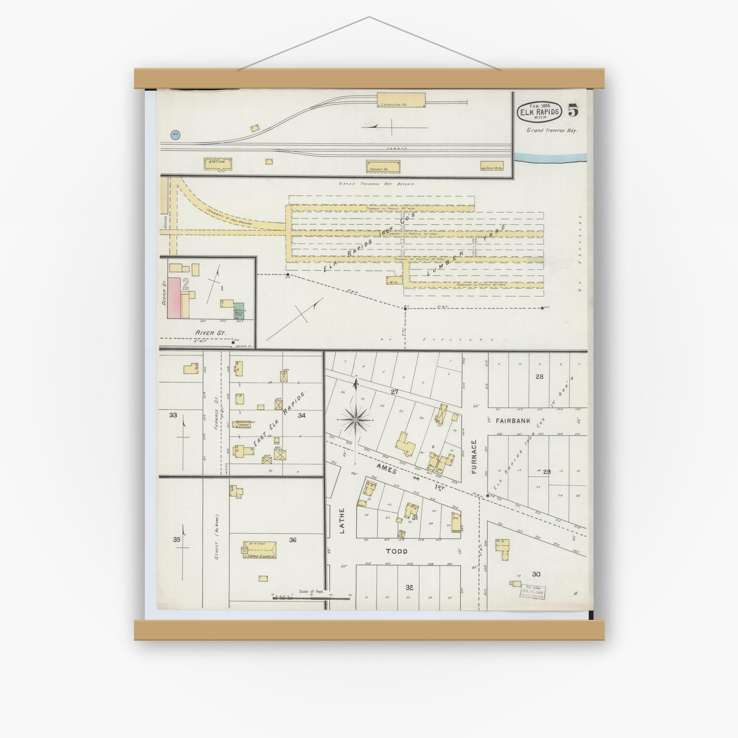 Old map wall art mockup — magnetic wood frame on white wall — Sanborn Fire Insurance Map from Elk Rapids, Antrim County, Michigan (1895), Sheet #0005