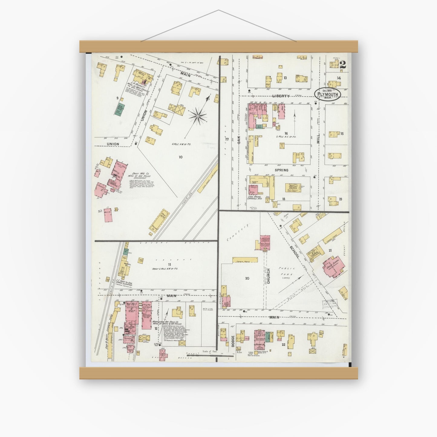 Old map wall art mockup — magnetic wood frame on white wall — Sanborn Fire Insurance Map from Plymouth, Wayne County, Michigan (1899), Sheet #0002