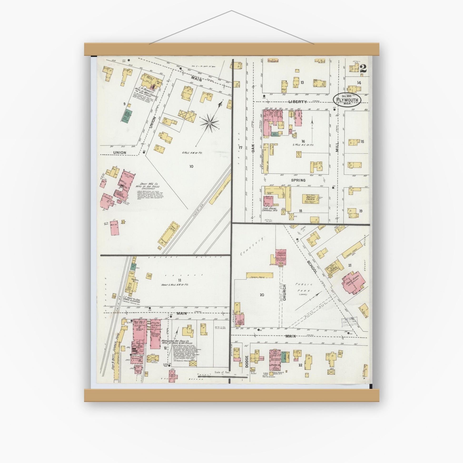 Old map wall art mockup — magnetic wood frame on white wall — Sanborn Fire Insurance Map from Plymouth, Wayne County, Michigan (1899), Sheet #0002