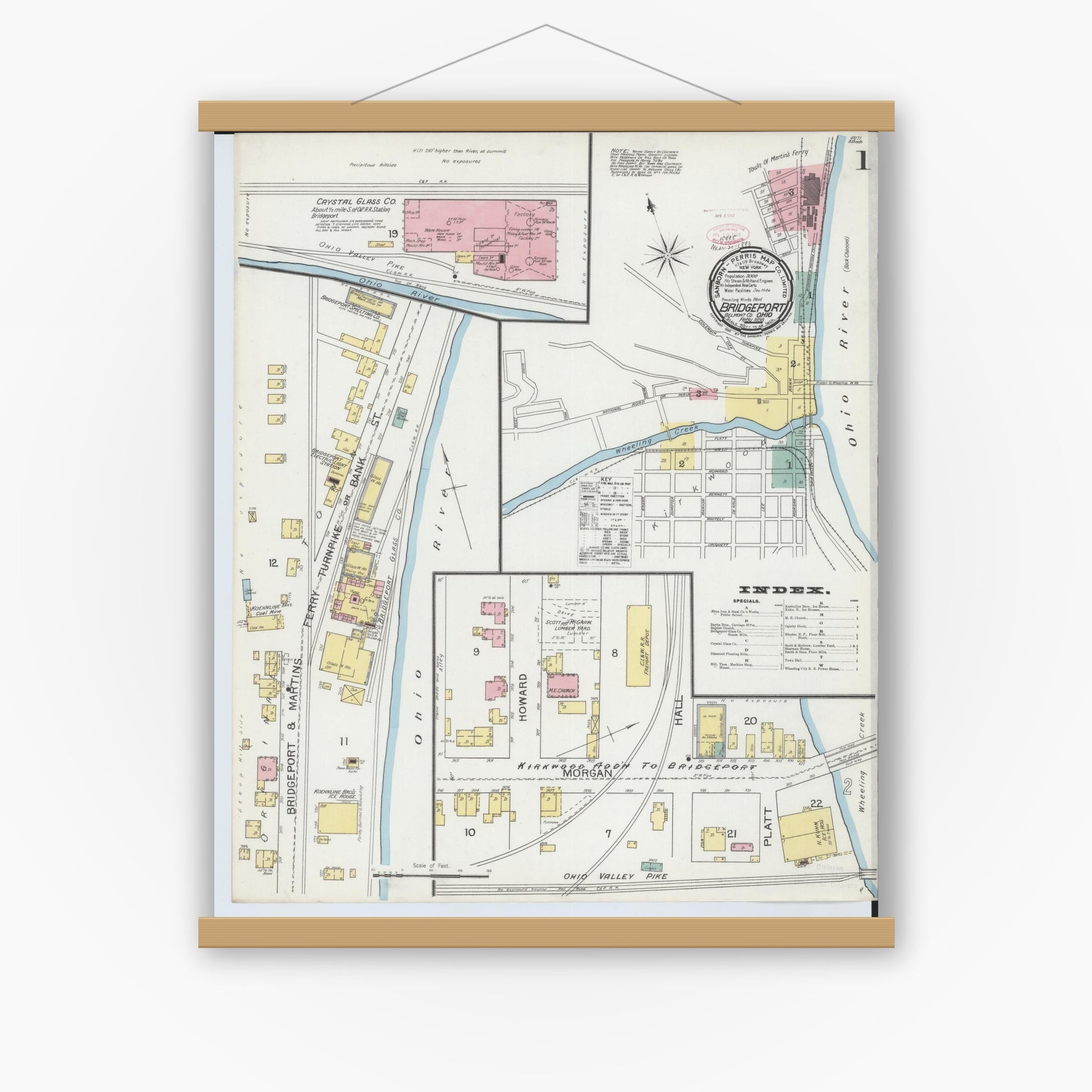 Old map wall art mockup — magnetic wood frame on white wall — Sanborn Fire Insurance Map from Bridgeport, Belmont County, Ohio (1893), Sheet #0001