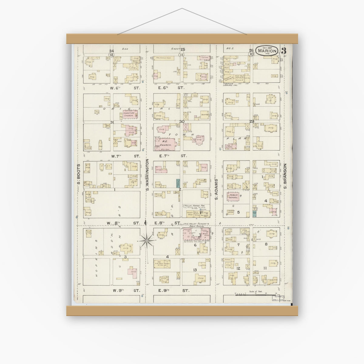 Old map wall art mockup — magnetic wood frame on white wall — Sanborn Fire Insurance Map from Marion, Grant County, Indiana (1887), Sheet #0003