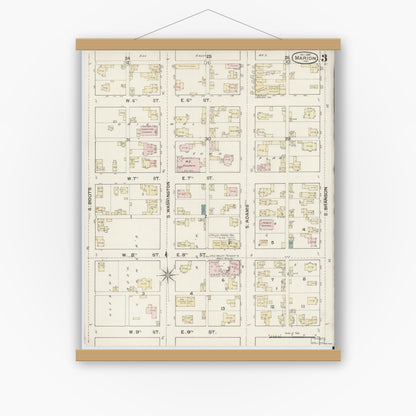 Old map wall art mockup — magnetic wood frame on white wall — Sanborn Fire Insurance Map from Marion, Grant County, Indiana (1887), Sheet #0003