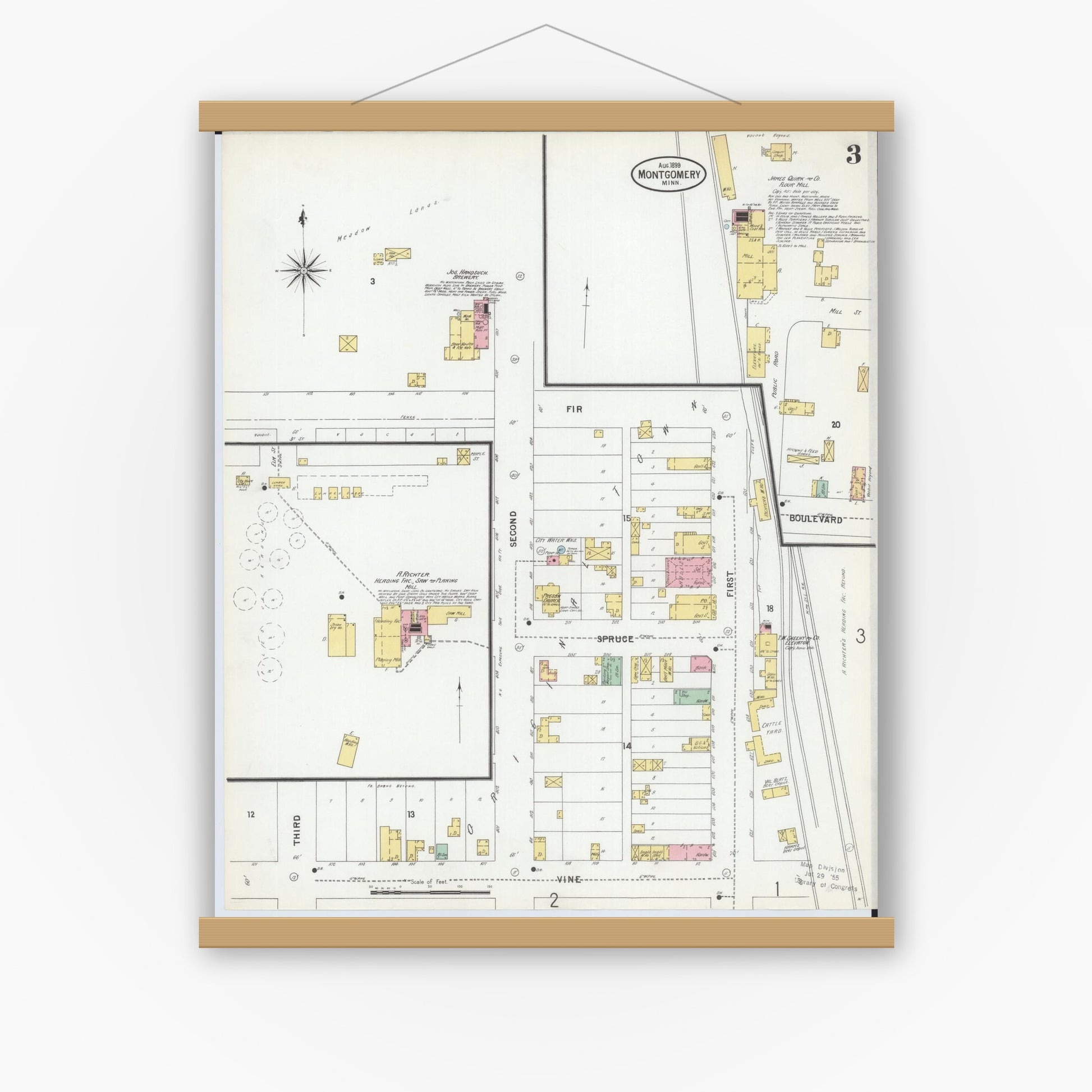 Old map wall art mockup — magnetic wood frame on white wall — Sanborn Fire Insurance Map from Montgomery, Le Sueur  County, Minnesota (1899), Sheet #0003