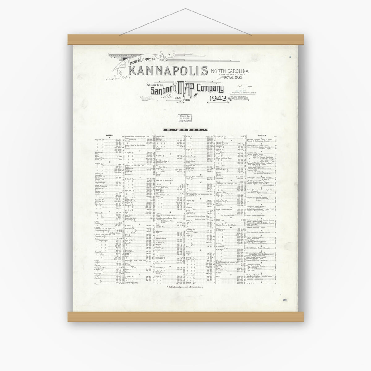 Old map wall art mockup — magnetic wood frame on white wall — Sanborn Fire Insurance Map from Kannapolis, Rowan And Cabarrus Counties, North Carolina (1943), Sheet #0001