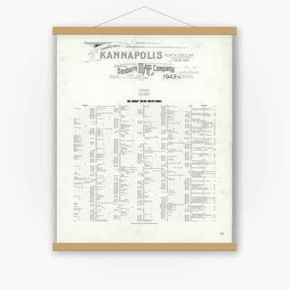 Old map wall art mockup — magnetic wood frame on white wall — Sanborn Fire Insurance Map from Kannapolis, Rowan And Cabarrus Counties, North Carolina (1943), Sheet #0001