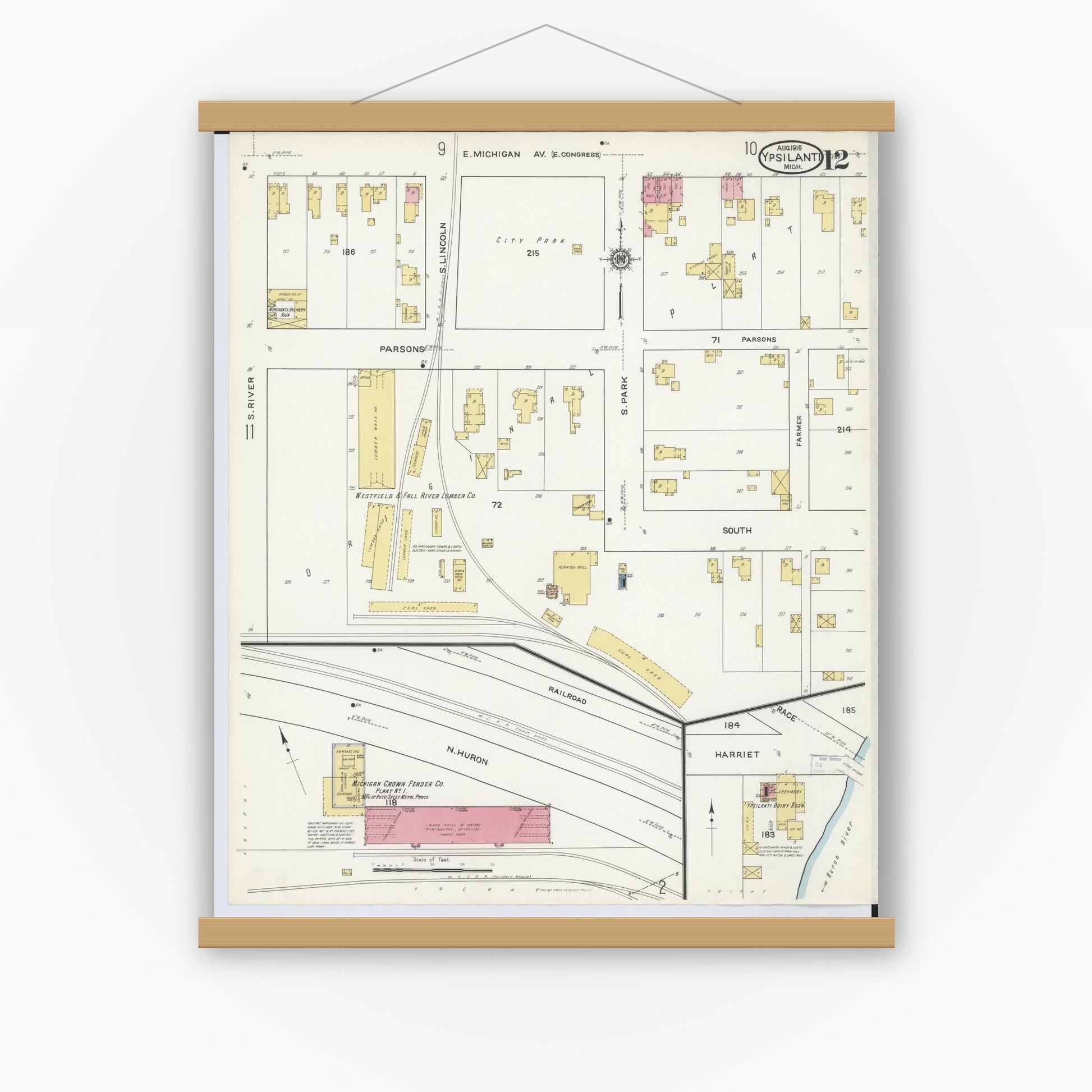Old map wall art mockup — magnetic wood frame on white wall — Sanborn Fire Insurance Map from Ypsilanti, Washtenaw County, Michigan (1916), Sheet #0012