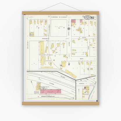 Old map wall art mockup — magnetic wood frame on white wall — Sanborn Fire Insurance Map from Ypsilanti, Washtenaw County, Michigan (1916), Sheet #0012