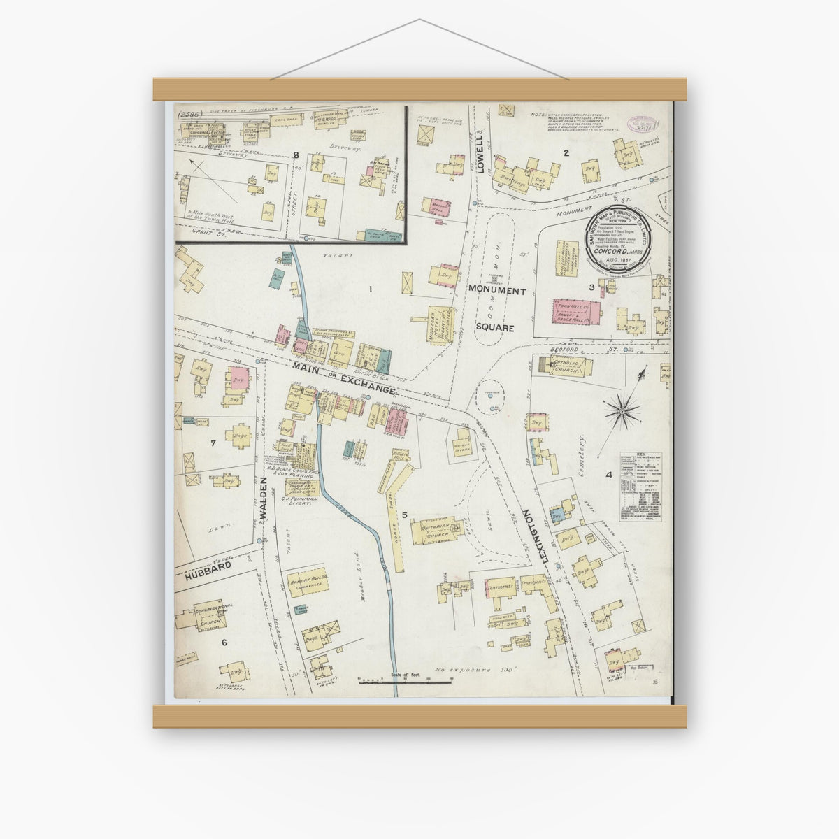 Old map wall art mockup — magnetic wood frame on white wall — Sanborn Fire Insurance Map from Concord, Middlesex County, Massachusetts (1887), Sheet #0001