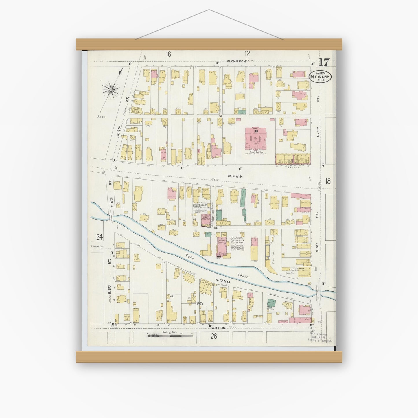 Old map wall art mockup — magnetic wood frame on white wall — Sanborn Fire Insurance Map from Newark, Licking County, Ohio (1905), Sheet #0017