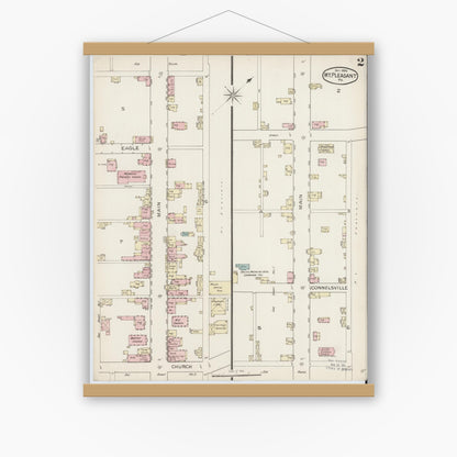 Old map wall art mockup — magnetic wood frame on white wall — Sanborn Fire Insurance Map from Mount Pleasant, Westmoreland County, Pennsylvania (1886), Sheet #0002