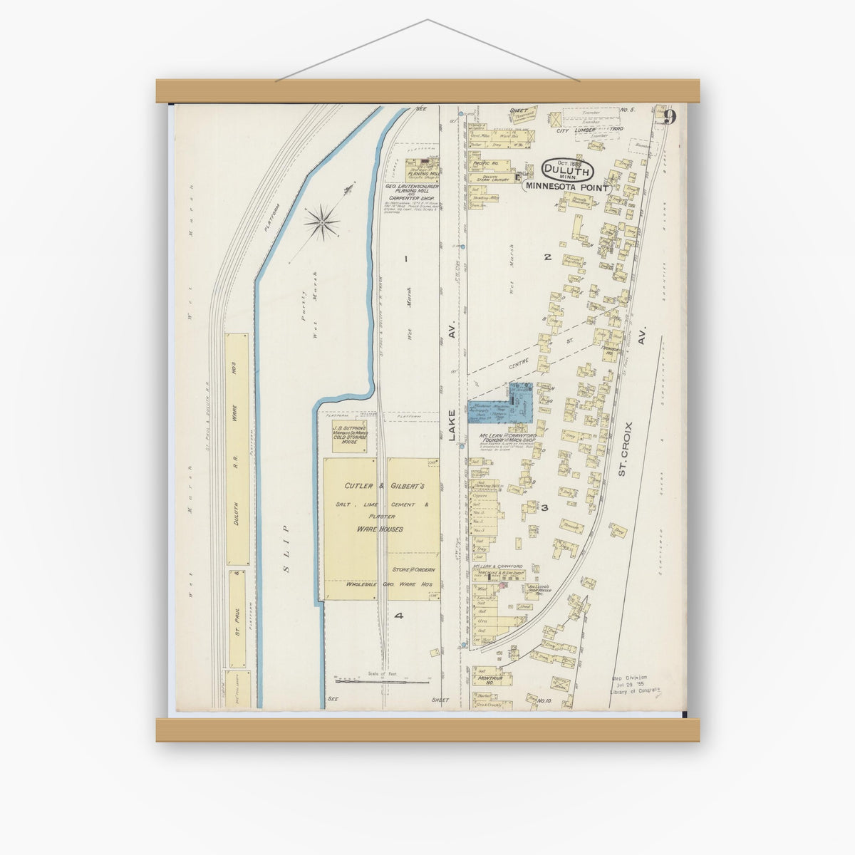 Old map wall art mockup — magnetic wood frame on white wall — Sanborn Fire Insurance Map from Duluth, Saint Louis County, Minnesota (1885), Sheet #0009