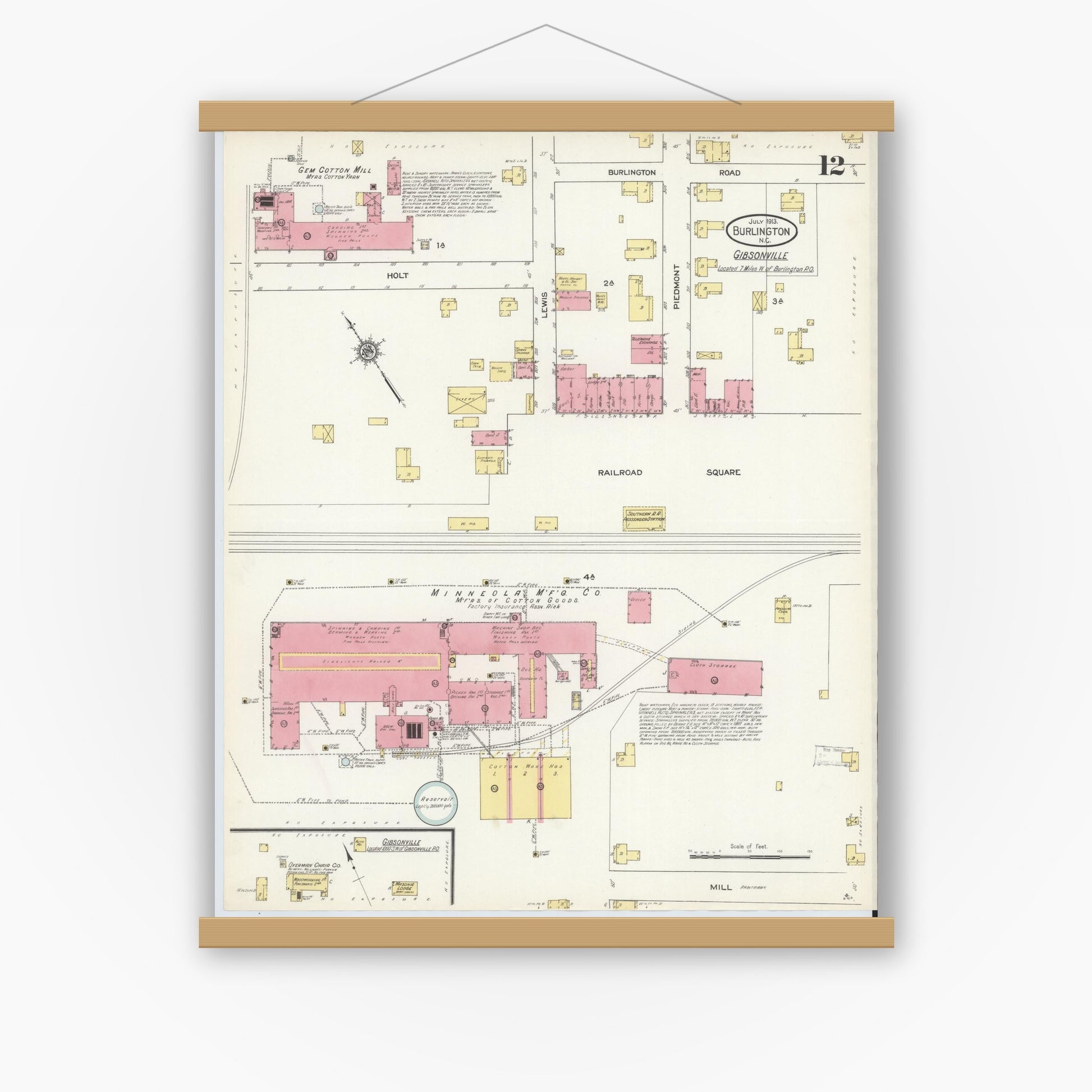 Old map wall art mockup — magnetic wood frame on white wall — Sanborn Fire Insurance Map from Burlington, Alamance County, North Carolina (1913), Sheet #0012