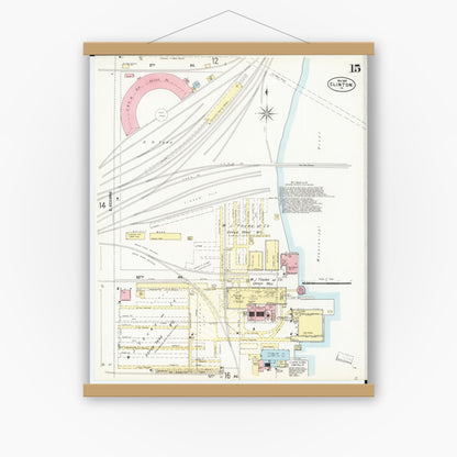 Old map wall art mockup — magnetic wood frame on white wall — Sanborn Fire Insurance Map from Clinton, Clinton County, Iowa (1897), Sheet #0015