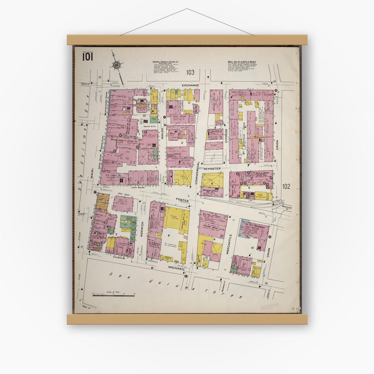 Old map wall art mockup — magnetic wood frame on white wall — Sanborn Fire Insurance Map from Worcester, Worcester County, Massachusetts (1910), Sheet #0101