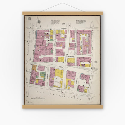 Old map wall art mockup — magnetic wood frame on white wall — Sanborn Fire Insurance Map from Worcester, Worcester County, Massachusetts (1910), Sheet #0101