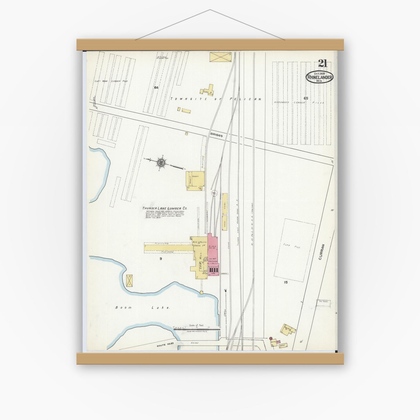 Old map wall art mockup — magnetic wood frame on white wall — Sanborn Fire Insurance Map from Rhinelander, Oneida County, Wisconsin (1920), Sheet #0021
