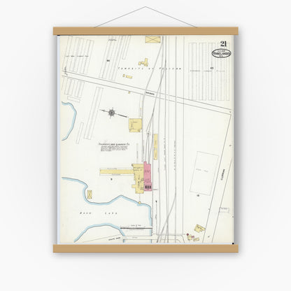 Old map wall art mockup — magnetic wood frame on white wall — Sanborn Fire Insurance Map from Rhinelander, Oneida County, Wisconsin (1920), Sheet #0021