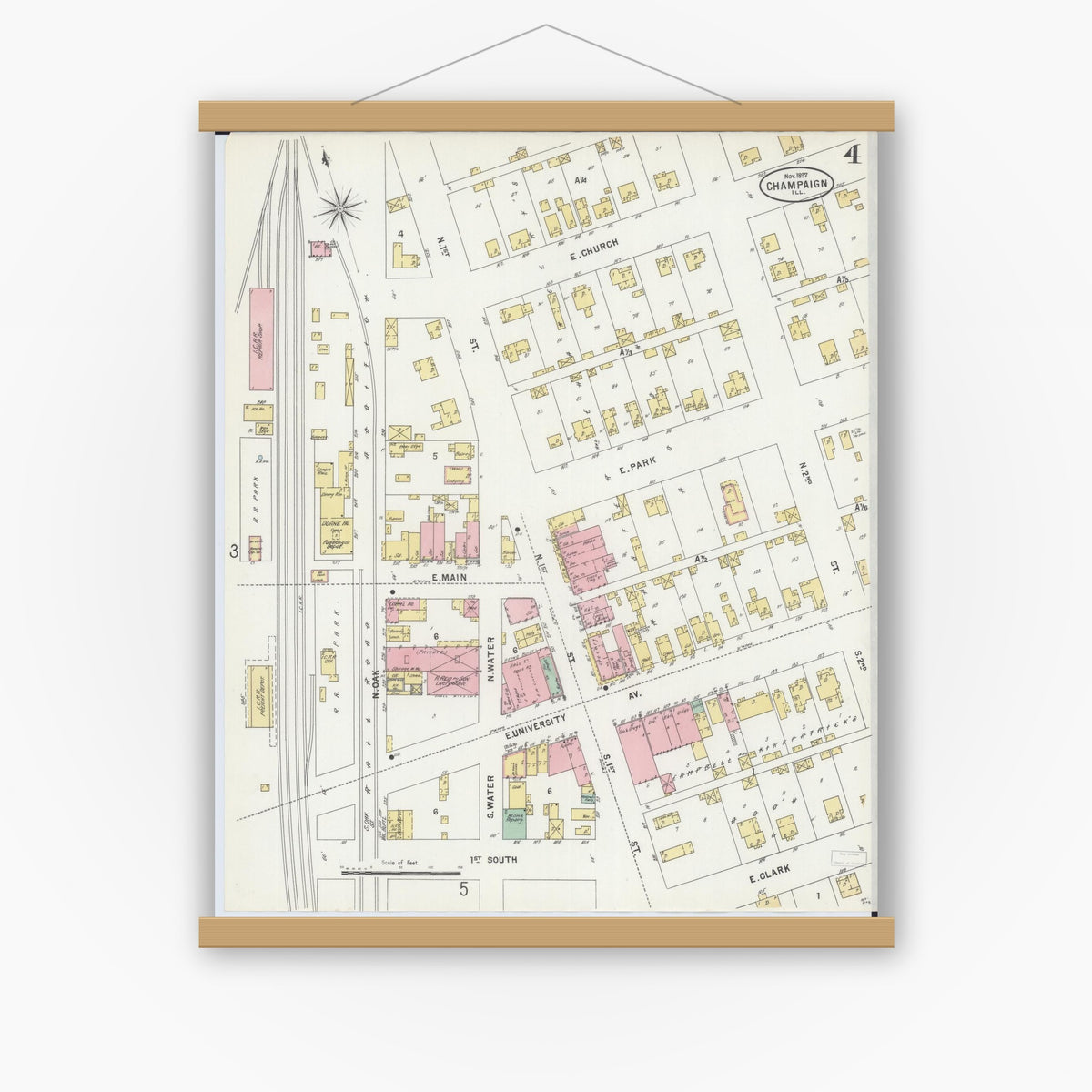 Old map wall art mockup — magnetic wood frame on white wall — Sanborn Fire Insurance Map from Champaign, Champaign County, Illinois (1897), Sheet #0004