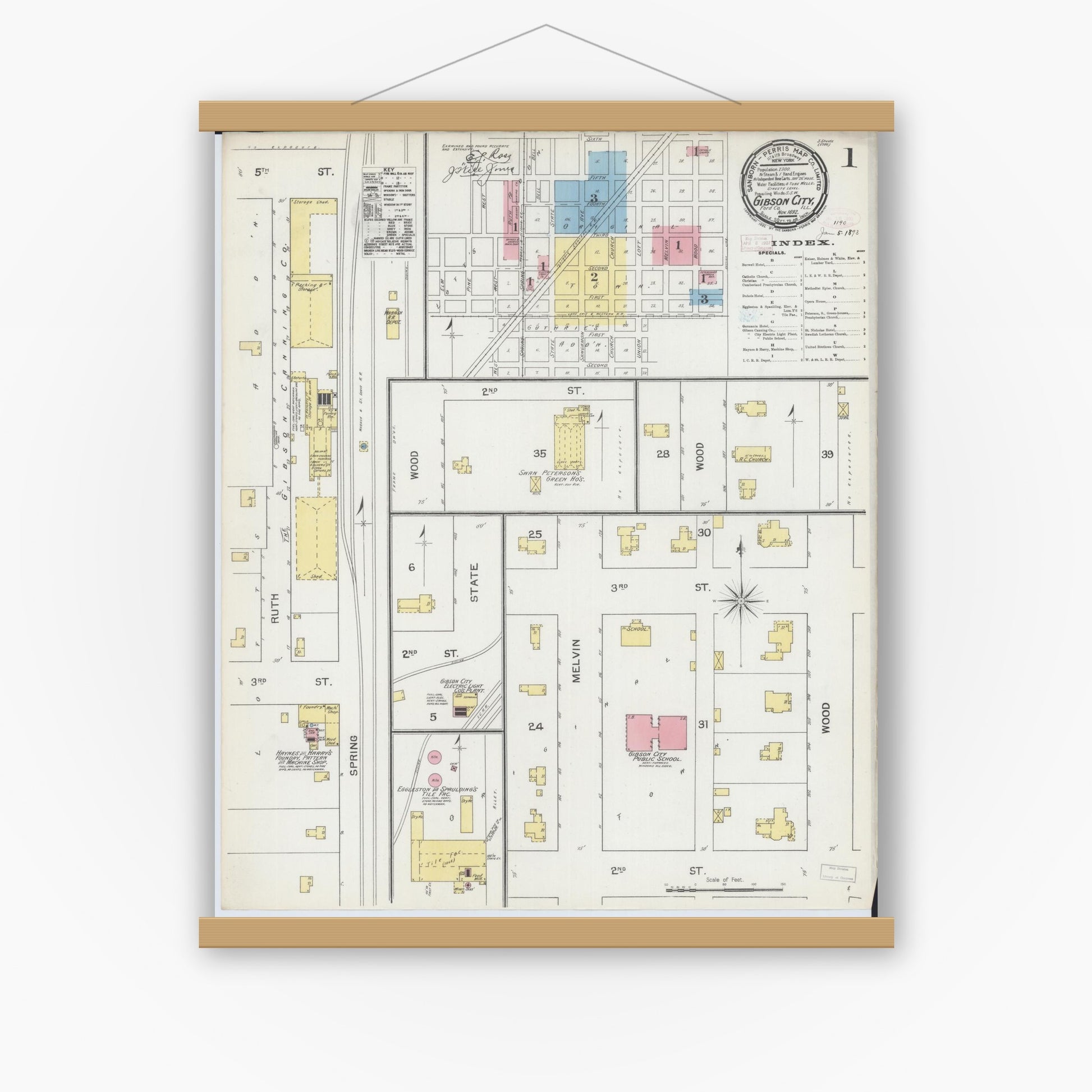 Old map wall art mockup — magnetic wood frame on white wall — Sanborn Fire Insurance Map from Gibson City, Ford County, Illinois (1892), Sheet #0001