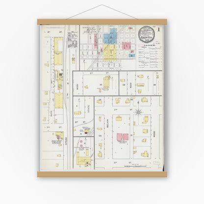 Old map wall art mockup — magnetic wood frame on white wall — Sanborn Fire Insurance Map from Gibson City, Ford County, Illinois (1892), Sheet #0001
