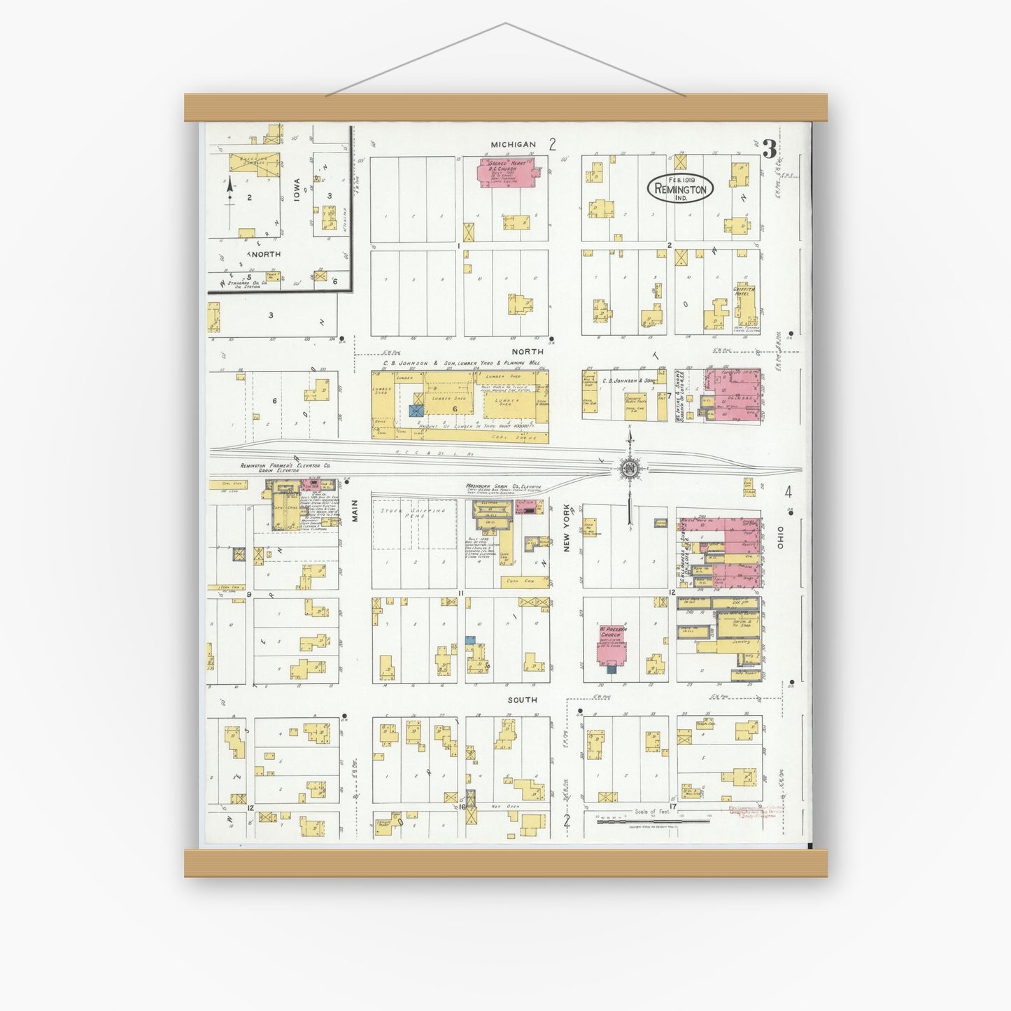 Old map wall art mockup — magnetic wood frame on white wall — Sanborn Fire Insurance Map from Remington, Jasper County, Indiana (1919), Sheet #0003
