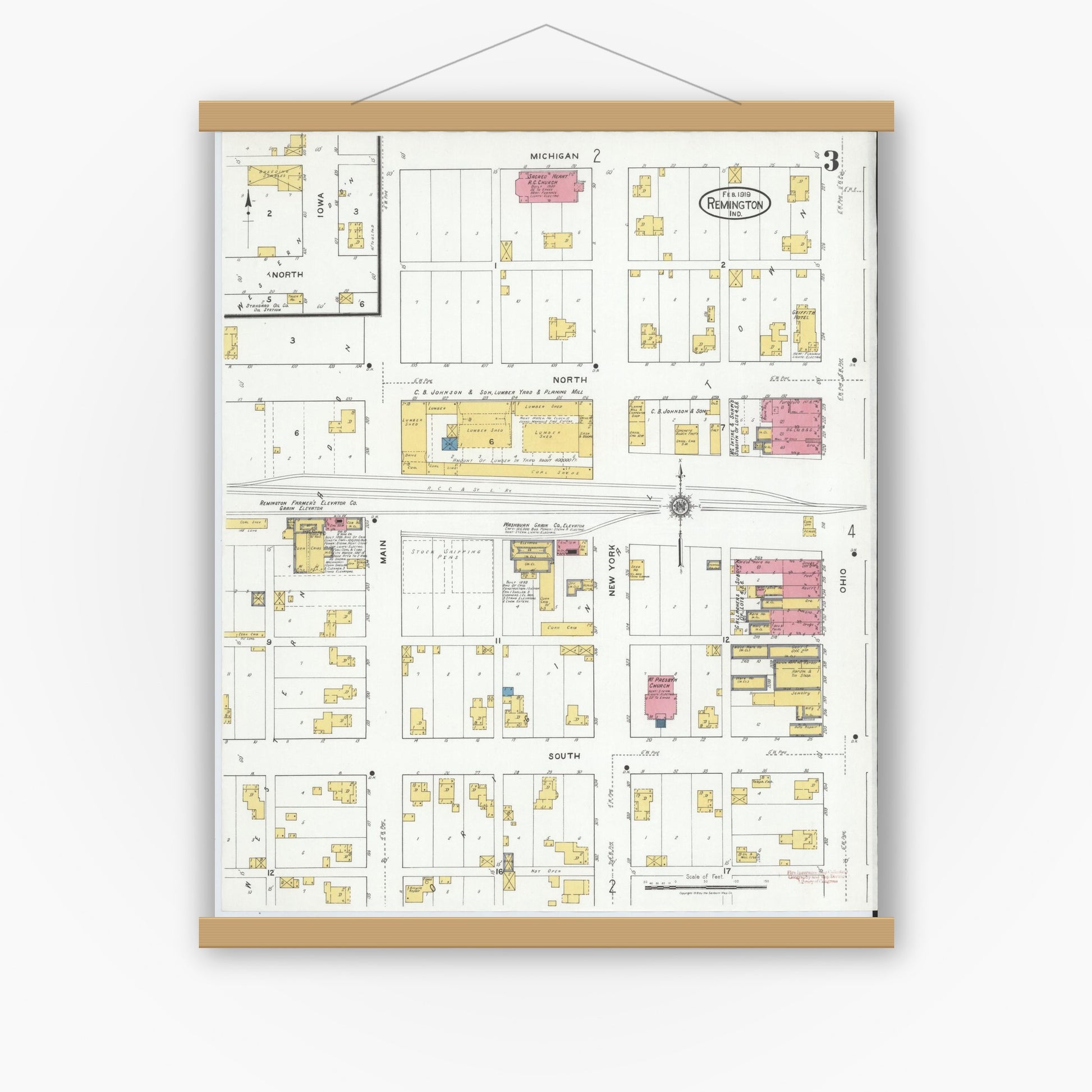 Old map wall art mockup — magnetic wood frame on white wall — Sanborn Fire Insurance Map from Remington, Jasper County, Indiana (1919), Sheet #0003